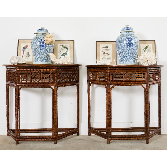 Pair of Chinese Chippendale Style Bamboo Demilune Console Tables | Chairish