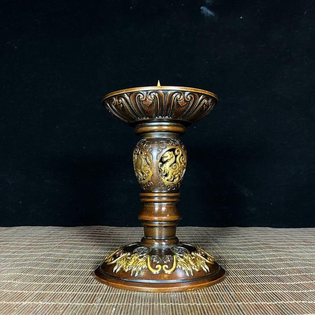 Asian Pair of Vintage Gilded Bronze Candlesticks, Four Divine Beasts Openwork Relief For Sale - Image 3 of 9