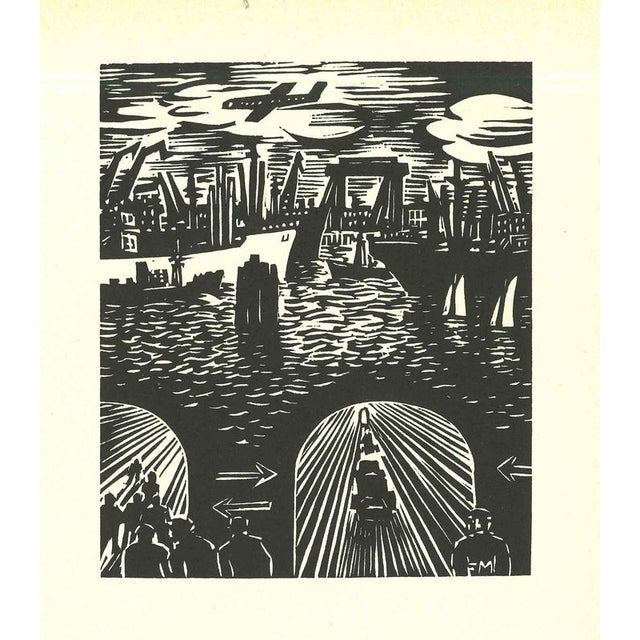 Woodcut print on paper, realized in 1964. Plate from "The Face of Hamburg", monogrammed in the plate. The bottom portion...