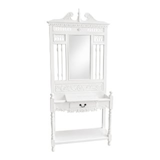 Vintage Ornate Hall Tree Vanity | High Gloss White W/ Mirror | Palm Beach Regency For Sale