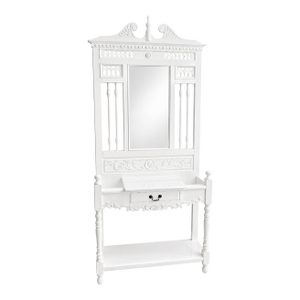 Vintage Ornate Hall Tree Vanity | High Gloss White W/ Mirror | Palm Beach Regency