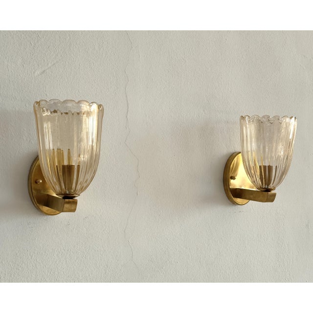 Italian Art Deco Style Brass and Murano Glass Wall Sconces, 1990s, Set of 2 For Sale - Image 4 of 12