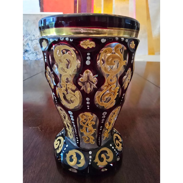 Art Nouveau Antique Moser Bohemian Glass Ruby Gold Crystal Goblet For Sale - Image 3 of 6
