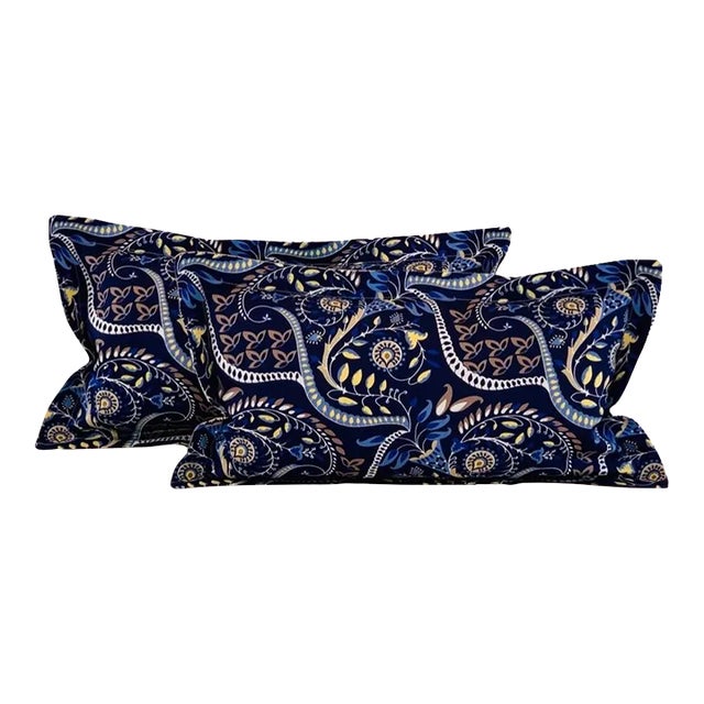 Designer Vicki Payne Free Spirit Blue Brown Tan Yellow Modern Botanical Paisley Leaves Pillow Covers- Pair For Sale