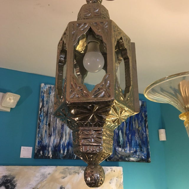Silver Chased German Silver Over Wood Hanging Light Fixture For Sale - Image 8 of 9