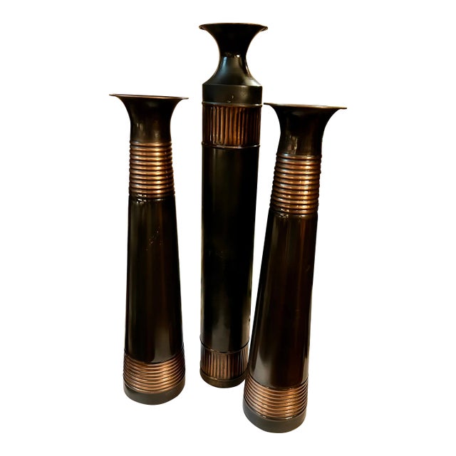 Vintage Trio of Rustic Bronze Metal Vases With Ribbed Copper Accents For Sale