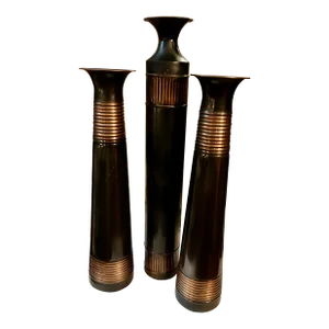 Vintage Trio of Rustic Bronze Metal Vases With Ribbed Copper Accents