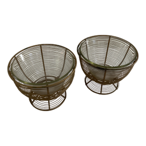 Pair of Vintage Brass Wire Bowls With Glass Inserts - Mid-Century Decorative Bowls