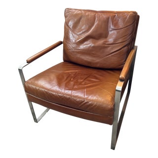 Pottery Barn Brown Leather Metal Armchair For Sale