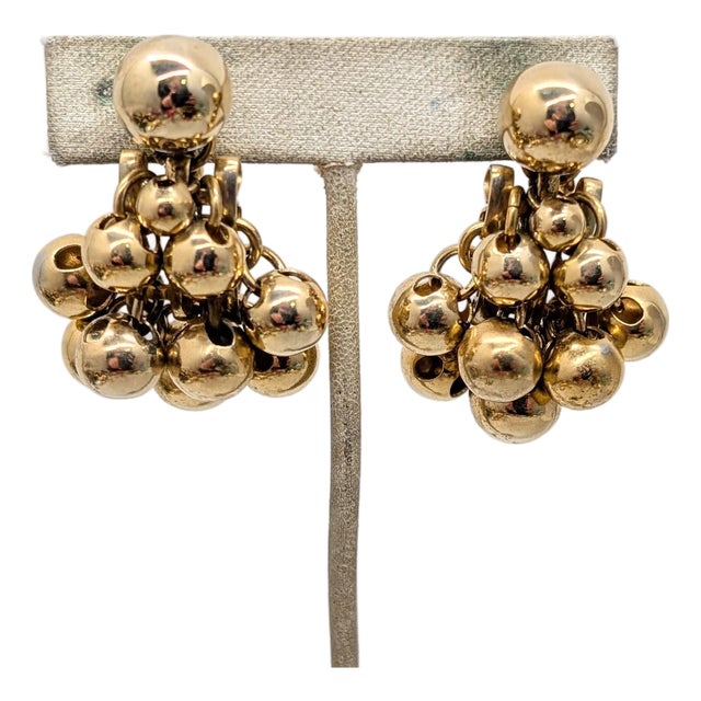 Vintage 1960s Signed Napier Goldtone Machined Balls Drop Clip Earrings-2 Pieces For Sale