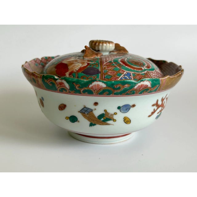 Antique Japanese Saiko-Kutani Lidded Porcelain Bowl With
