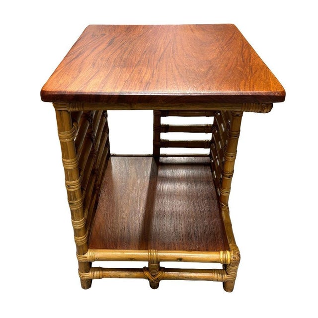 1950s 1950s Restored Rattan "Jacob's Ladder" Storage Side Table With Mahogany Top For Sale - Image 5 of 11