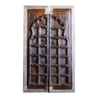 1920s Antique Indian Carved Brass Iron Trim Rustic Medieval Teak Doors For Sale