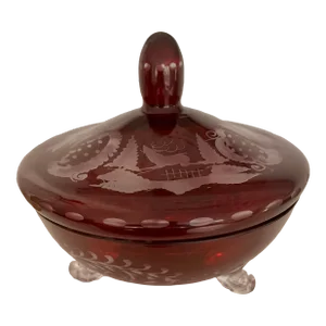 Vintage Egermann Ruby Red Bohemian Lidded Footed Candy Dish