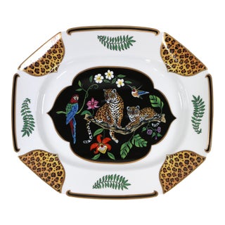 1990s Lynn Chase Porcelain Jaguar Jungle 14" Octagonal Serving Platter With Gold Trim For Sale