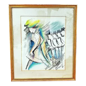 1970s Parisian Period Original Watercolor Painting by Zamy Steynovitz, Framed