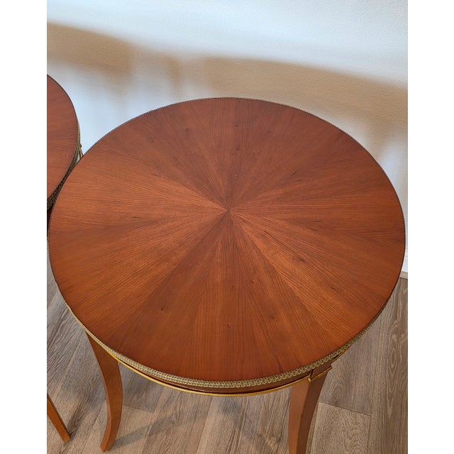 French Classical Style Cherry Wood Round Gilt Bronze Side Tables - A Pair For Sale - Image 13 of 18