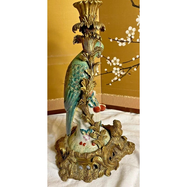 Antique Ormolu Mounted Hand Painted Porcelain Parrot Candlestick Holder 14" tall For Sale - Image 4 of 7