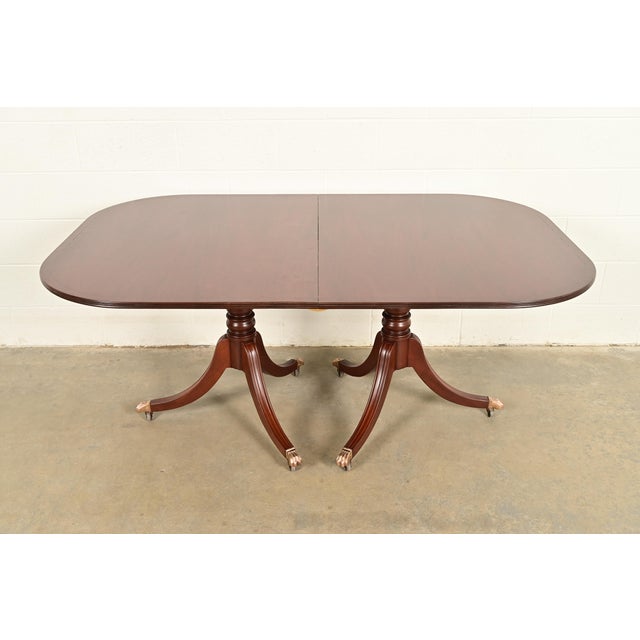 Baker Furniture Style Georgian Banded Mahogany Double Pedestal Extension Dining Table, Newly Refinished For Sale - Image 9 of 14