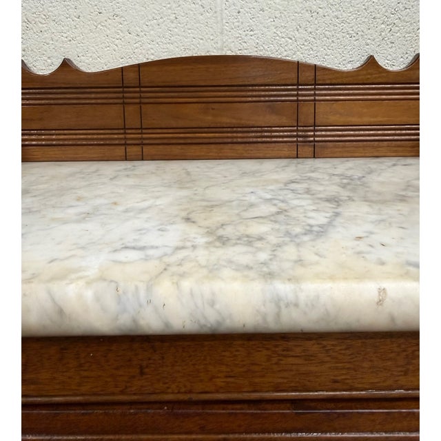 Antique Victorian Eastlake Style Walnut Marble Top Cabinet Commode Washstand For Sale - Image 4 of 12