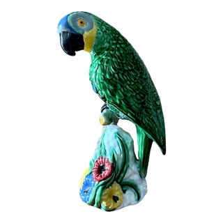 Vintage Bordallo Pinheiro Ceramic Parrot Sculpture - 11.25” Tall For Sale