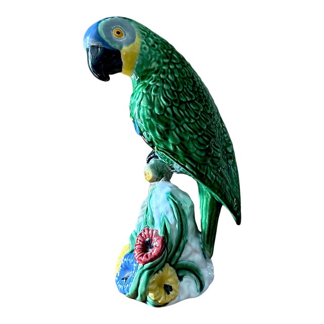 Vintage Bordallo Pinheiro Ceramic Parrot Sculpture - 11.25” Tall For Sale