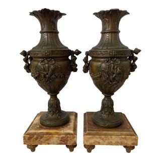 Pair of Antique Late 19th Century French Bronze Urns Cassolettes Marble Bases For Sale