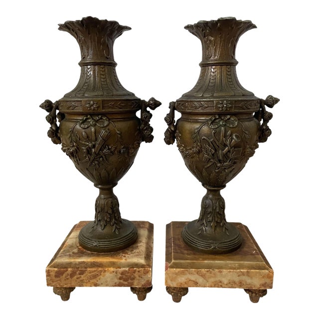 Pair of Antique Late 19th Century French Bronze Urns Cassolettes Marble Bases For Sale