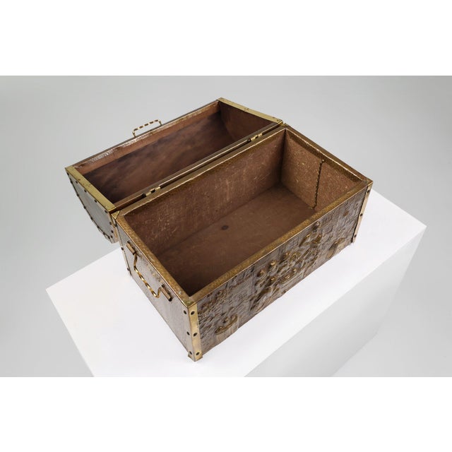 Large Chest with Sculpted Copper Relief, Belgium, 1930s For Sale - Image 4 of 13