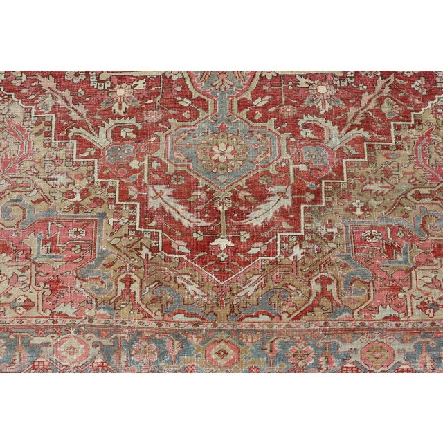 Antique Heriz Rug With All-Over Floral Medallion Design in Traditional Colors 7'7 X 10'5 For Sale - Image 9 of 11