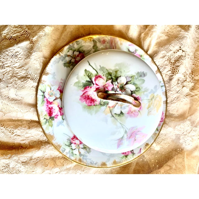 Vintage Haviland Limogefrance butter dish with lid Featuring pink flowers and green leaves over white . Set approximate...