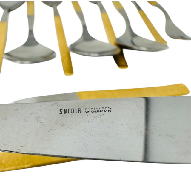 MCM Harvest Gold Flatware, 65pc Solair West Germany Service for 8, Textured Gold Retro Silverware, Forged Stainless Steel, Rare Hosting Set For Sale - Image 12 of 12