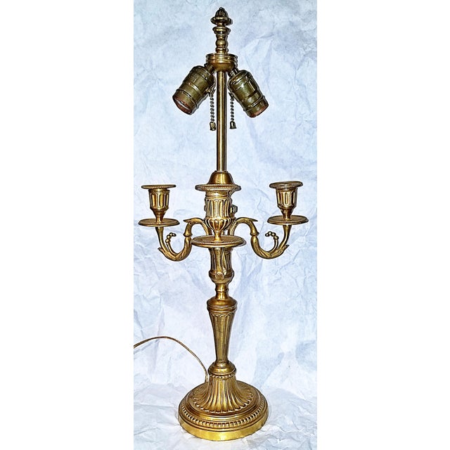 French Late 19th Century French 23k Gilded Louis XVI Style Candleabra Lamps - A Pair For Sale - Image 3 of 8