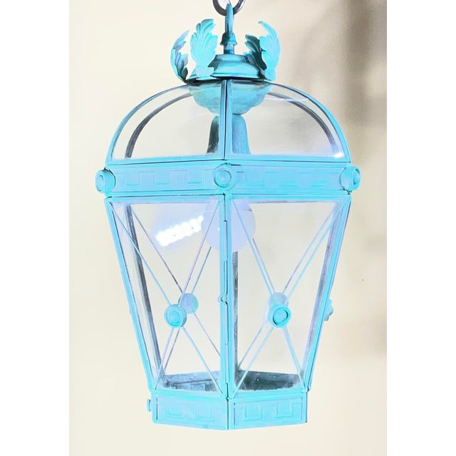Vintage Style Solid Brass Verdigris Hanging Lantern - Restored & Rewired For Sale - Image 12 of 13