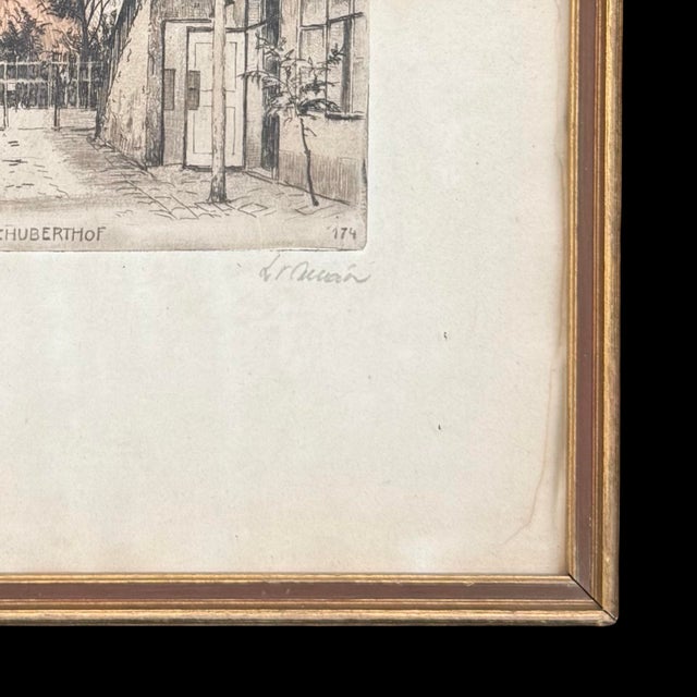 Printmaking Materials Antique Austrian Hand-Colored Vienna Street Scene Etching Schuberthof, Signed and Framed For Sale - Image 7 of 8