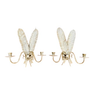 Late 20th Century Hand Marbled Feather and Bow Candle Scones- a Pair For Sale