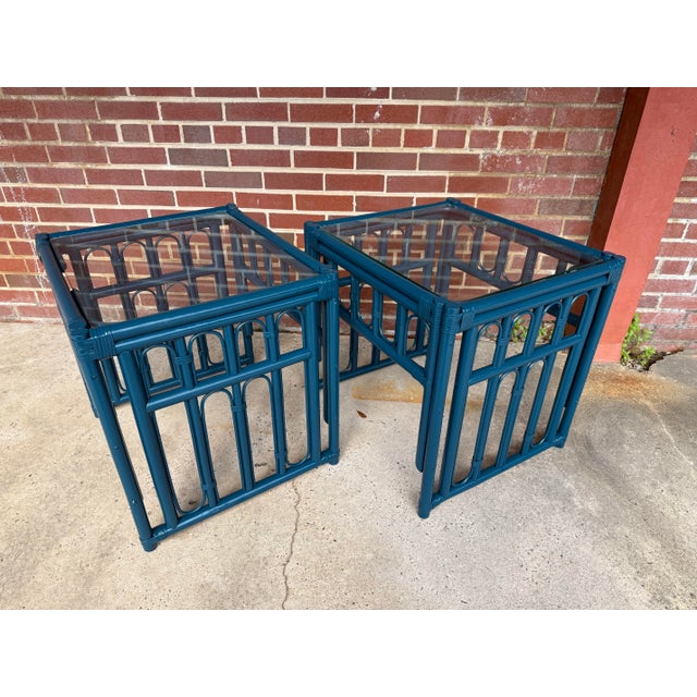Exquisite Vintage Coastal Palm Beach Style Rattan Side Tables - Newly Painted Blue - A Pair, in the Style of Gabriella Crespi For Sale - Image 11 of 12