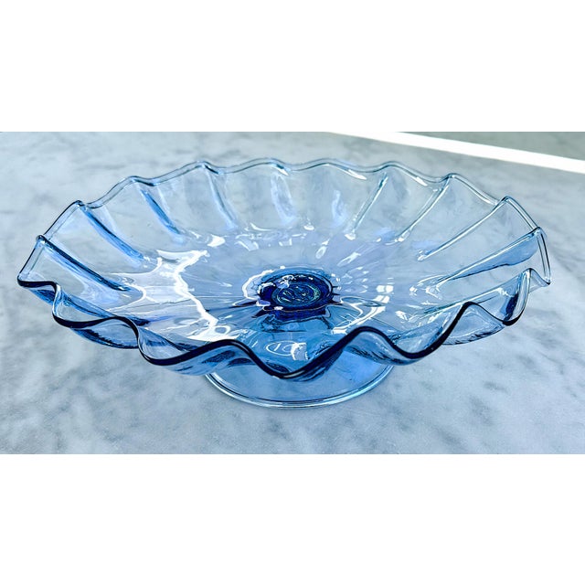 Hand‑Blown Mid-Century Blue Pedestal Bowl For Sale In New York - Image 6 of 6