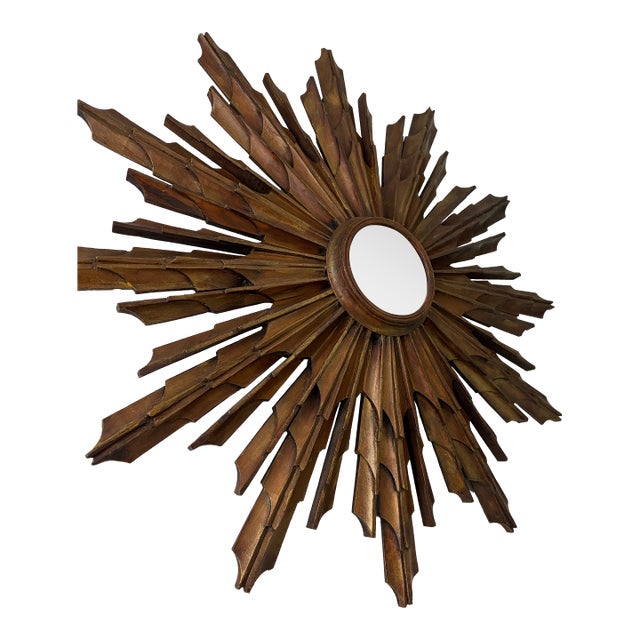 Rare 1940s French Big 24" Convex Gold Gilt Sunburst Starburst Mirror For Sale