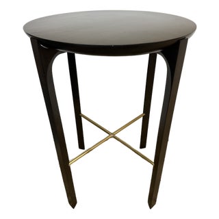 Walnut Wood + Brass Side Table, 30 Inch Round For Sale