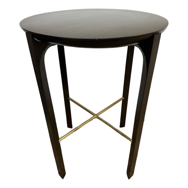 Walnut Wood + Brass Side Table, 30 Inch Round For Sale