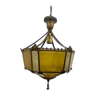 Vintage Amber & Frosted Glass Hanging Fixture Pendant Light For Sale