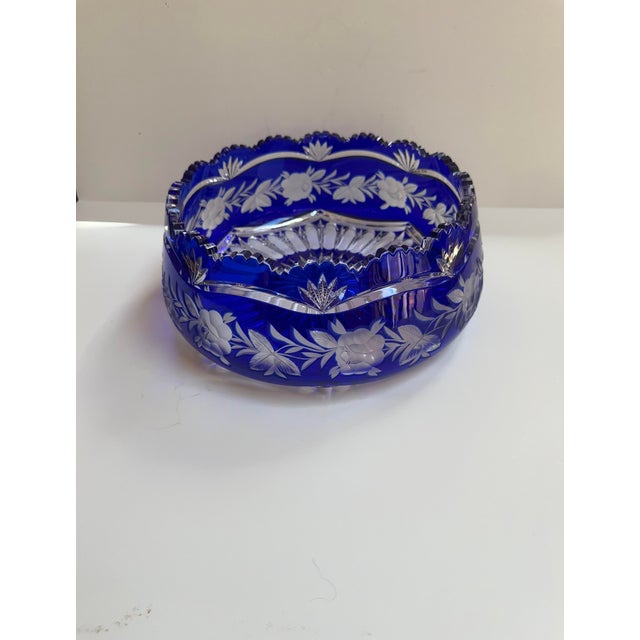 Mid 20th Century Czech Bohemian Cobalt Blue Cut to Clear Crystal Centerpiece Bowl For Sale - Image 11 of 18