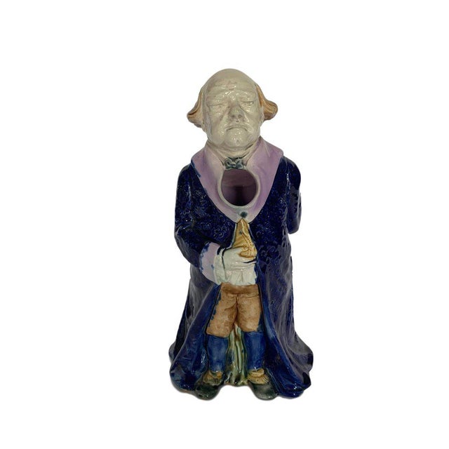 Majolica Mr. Pickwick large pitcher, England, circa 1885. Attributed to Joseph Holdcroft. Gorgeous color, in excellent...