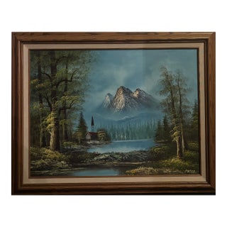 Late 20th Century Oil Painting on Canvas Portraying a Mountain Landscape With Lake and Cabin For Sale