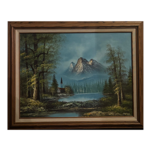 Late 20th Century Oil Painting on Canvas Portraying a Mountain Landscape With Lake and Cabin