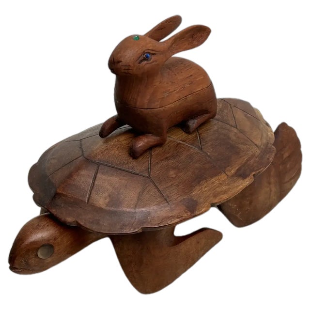 1970s Ooak Wood Sea Turtle/Rabbit/Emerald/Lapis Box For Sale - Image 10 of 10