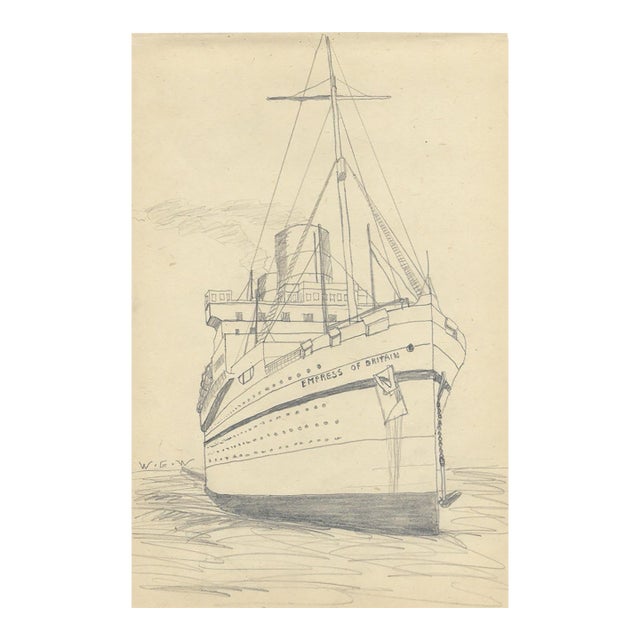 1943 Empress of Britain Ship Drawing by William Wood For Sale
