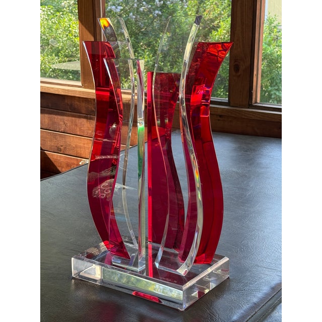 Vintage David Muniz 23" Ruby Red & Clear Lucite Art Sculpture 1996, Signed. Rare For Sale - Image 4 of 14