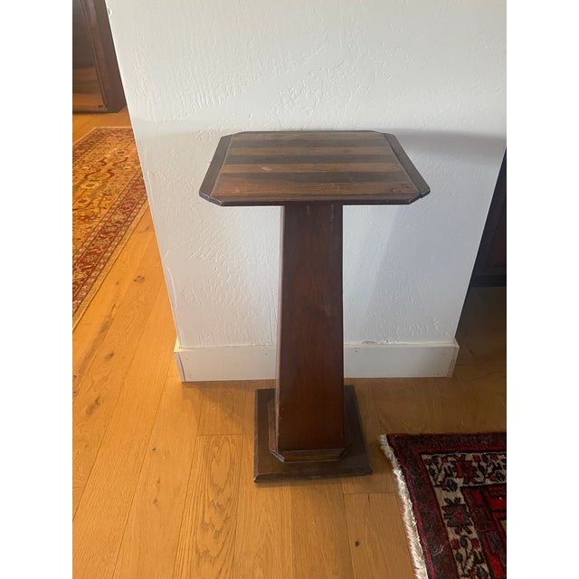 Workaday Handmade Antique 1920's Folk Art Mission Marquetry Arts and Crafts Pedestal Plant Stand For Sale - Image 4 of 6